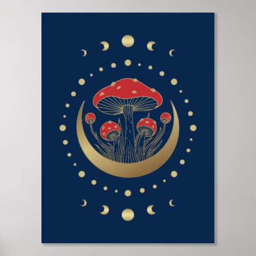 Red And Gold Magic Mushroom Crescent Moon On Blue Foil Prints