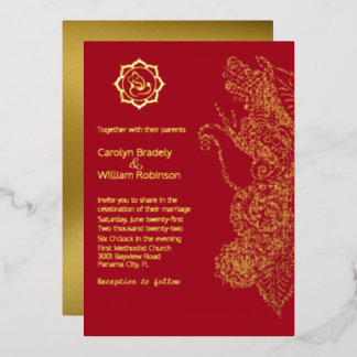 Red and Gold Mandala and Ganesha Wedding Foil Invitation