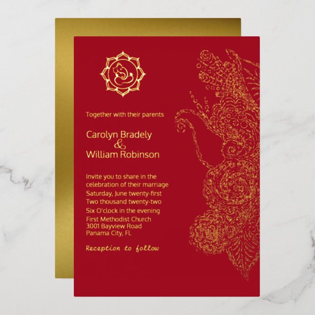 Red and Gold Mandala and Ganesha Wedding Foil Invitation (Front/Back)