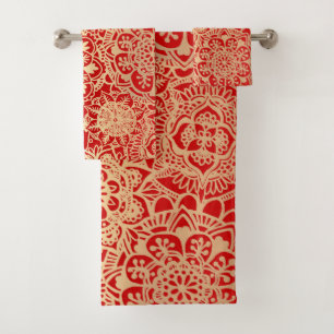 Red and Gold Mandala Boho Chic Bath Towel Set