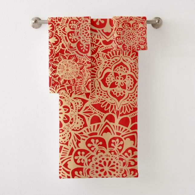 Red and Gold Mandala Boho Chic Bath Towel Set (Insitu)