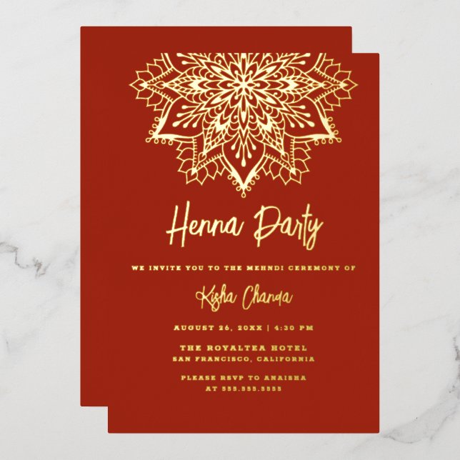 Red and Gold Mandala Henna Party Mehndi Real Gold Foil Invitation (Front/Back)