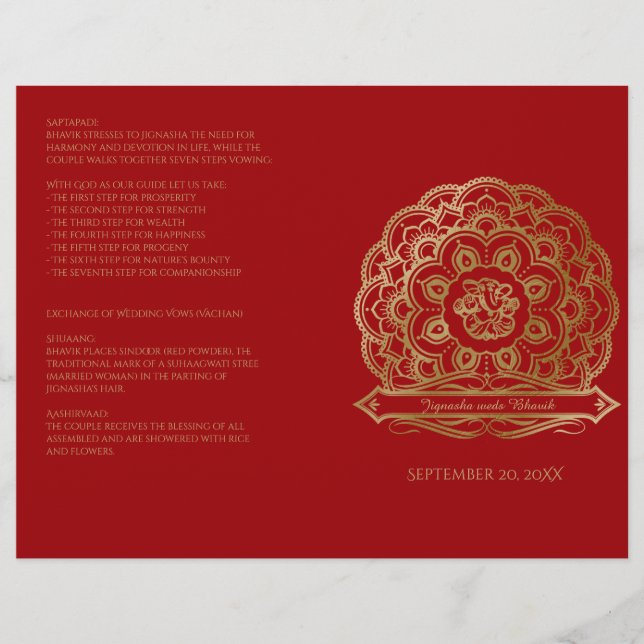 Red and Gold Mandala Hindu Wedding Program (Front)