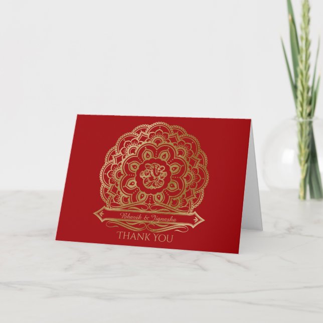 Red and Gold Mandala Indian Thank You card (Front)