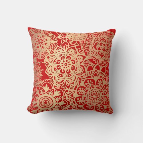 Red and Gold Mandala Pattern Throw Pillow