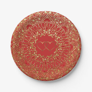 Red and Gold Mandala with Hearts Paper Plates