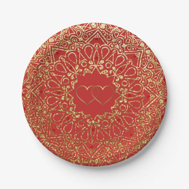 Red and Gold Mandala with Hearts Paper Plates (Front)