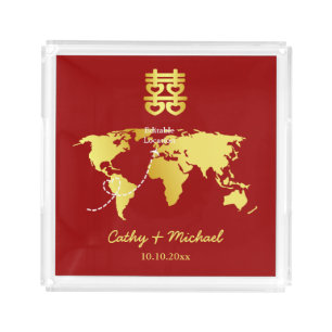 Red and gold map destination chinese wedding acrylic tray