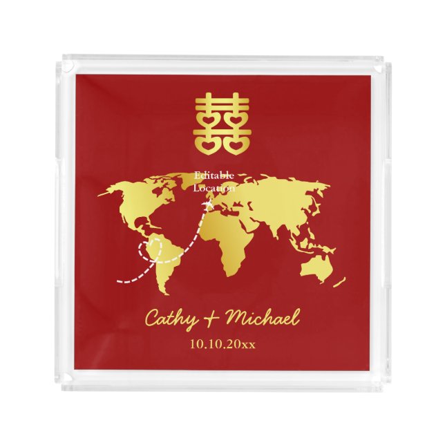 Red and gold map destination chinese wedding acrylic tray (Front)