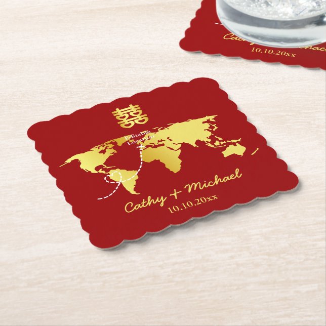 Red and gold map destination chinese wedding paper coaster (Angled)