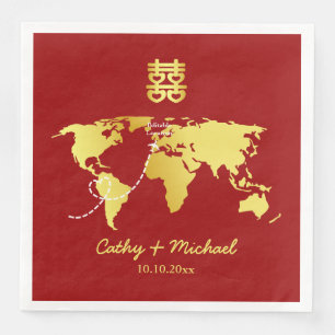 Red and gold map destination chinese wedding paper dinner napkins