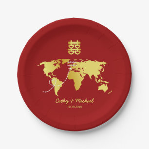 Red and gold map destination chinese wedding paper plates