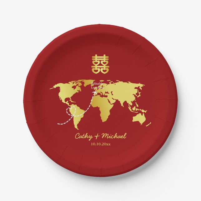 Red and gold map destination chinese wedding paper plates (Front)
