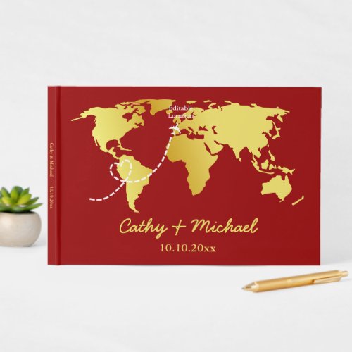 Red and gold map destination wedding  guest book