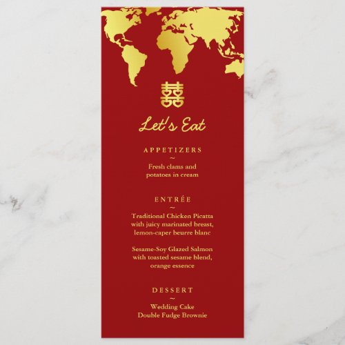 Red and gold map destination wedding menu