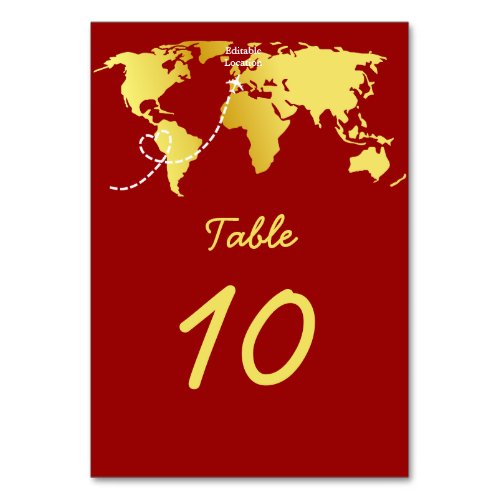 Red and gold map destination wedding  table number