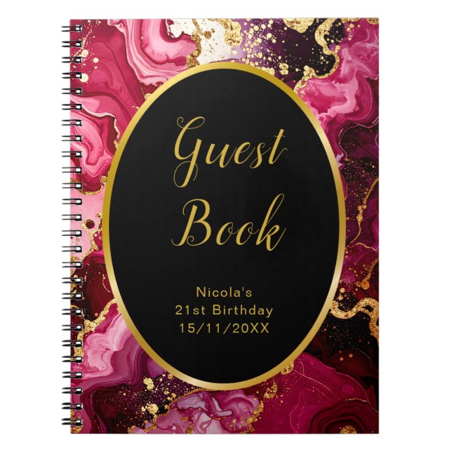 Red and Gold Marble Agate Birthday Guest Book (Front)