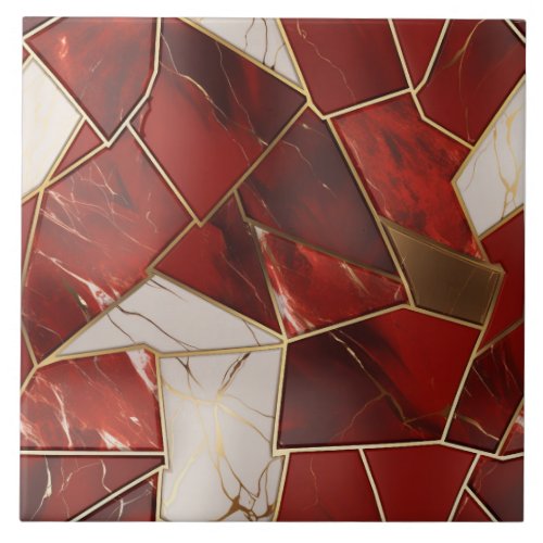 Red and Gold Marble Crystal Cubism Pattern Ceramic Tile