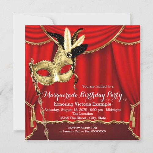 Red and Gold Masquerade Birthday Party Invitation