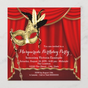 Red And Gold Masquerade Birthday Party Invitation by Pure_Elegance at Zazzle