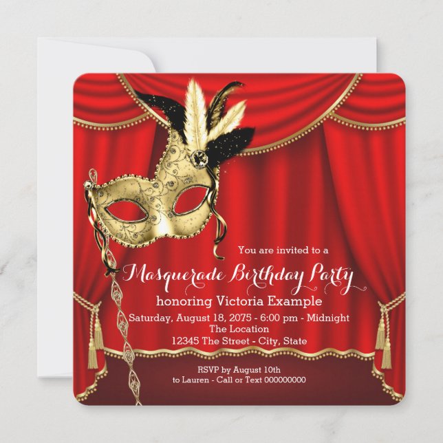 Red and Gold Masquerade Birthday Party Invitation (Front)