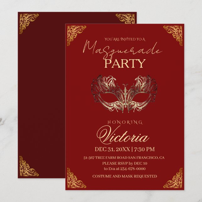 Red and Gold Masquerade Birthday Party Invitation (Front/Back)