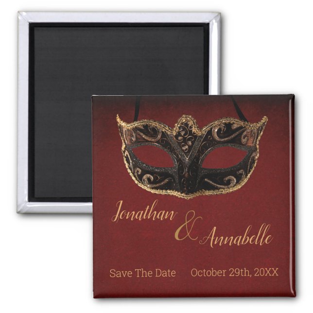 Red and Gold Masquerade Save The Date Magnet (Front)