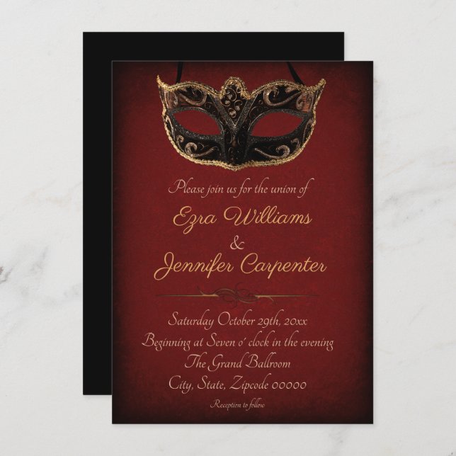 Red and Gold Masquerade Wedding Invitation (Front/Back)