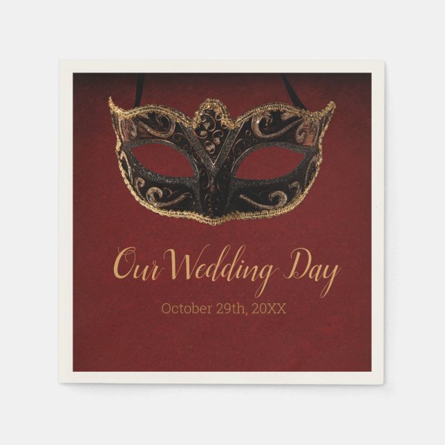 Red and Gold Masquerade Wedding Napkins (Front)