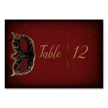 Red And Gold Masquerade Wedding Table Card by capturedbyKC at Zazzle