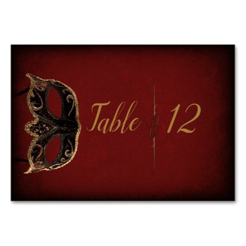 Red and Gold Masquerade Wedding Table Card