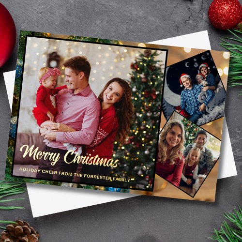 Red and gold Merry Christmas family 3 Photo   Foil Holiday Card
