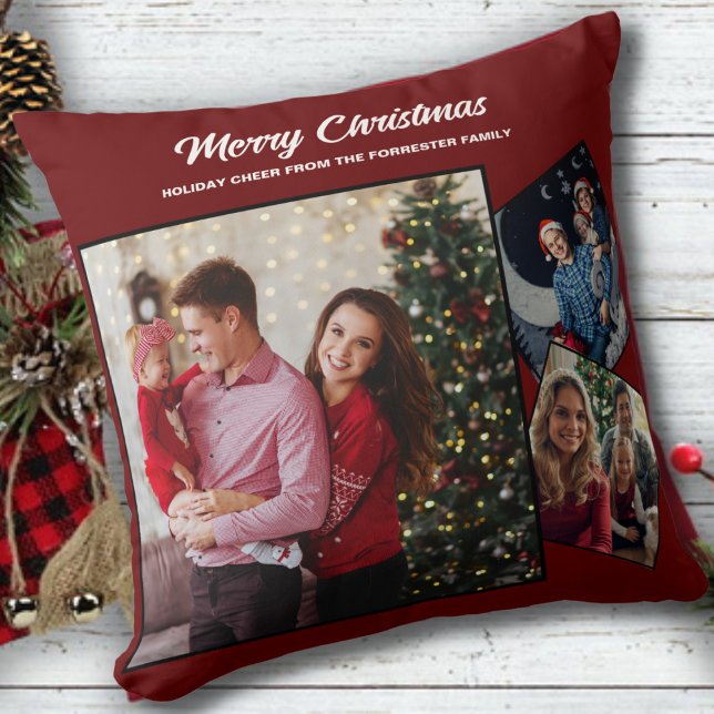 Red and gold Merry Christmas family 3 Photo   Throw Pillow (Creator Uploaded)