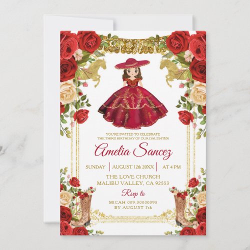 Red and Gold Mexican Girl Tres Años Birthday Invitation