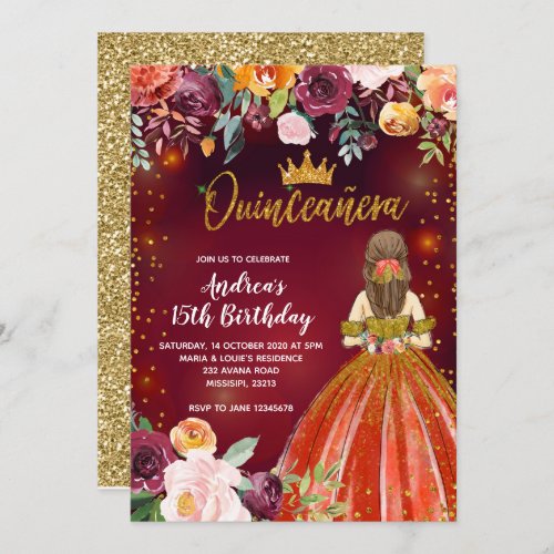 Red and Gold Mexican Princess Quinceaera Birthday Invitation