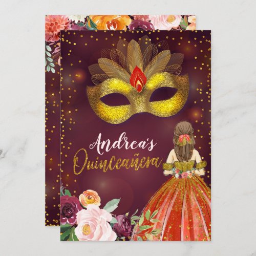 Red and Gold Mexican Princess Quinceaera Birthday Invitation