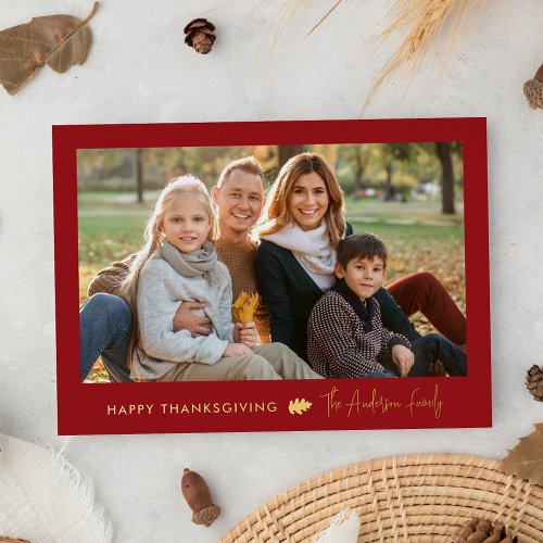 Red and Gold Minimalist Thanksgiving 2 Photo Foil Holiday Card