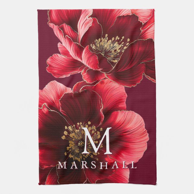 Red And Gold Modern Floral Monogram Family Name Kitchen Towel (Vertical)