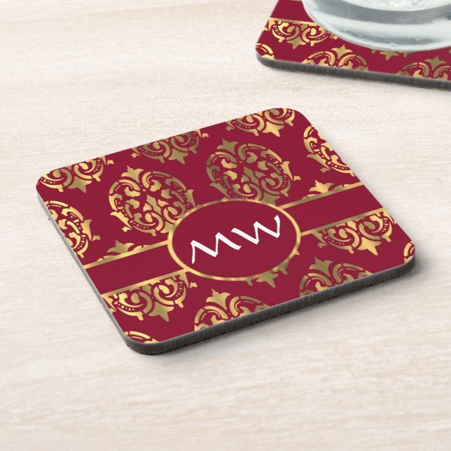 Red and gold monogram damask pattern coaster (Left Side)