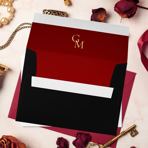 Red and Gold Monogram Elegant Black Wedding Envelope