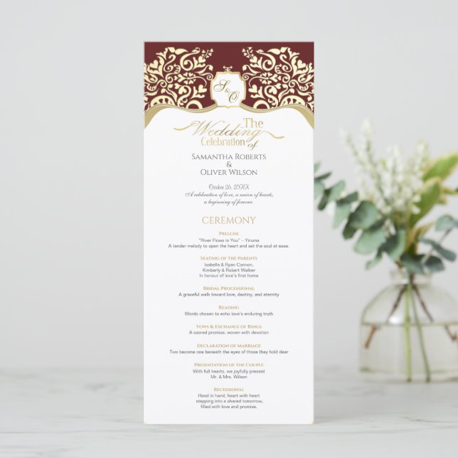  Red and Gold Monogram Wedding Program (Standing Front)
