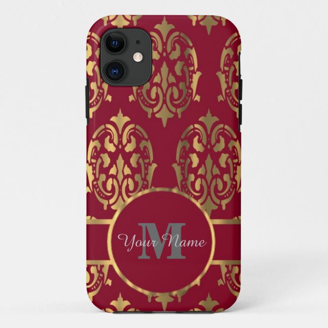 Red and gold monogrammed damask Case-Mate iPhone case (Back)