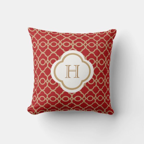 Red and Gold Moroccan Monogram Throw Pillow