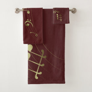 Red and Gold Music Notes - Gold Music Bath Towels