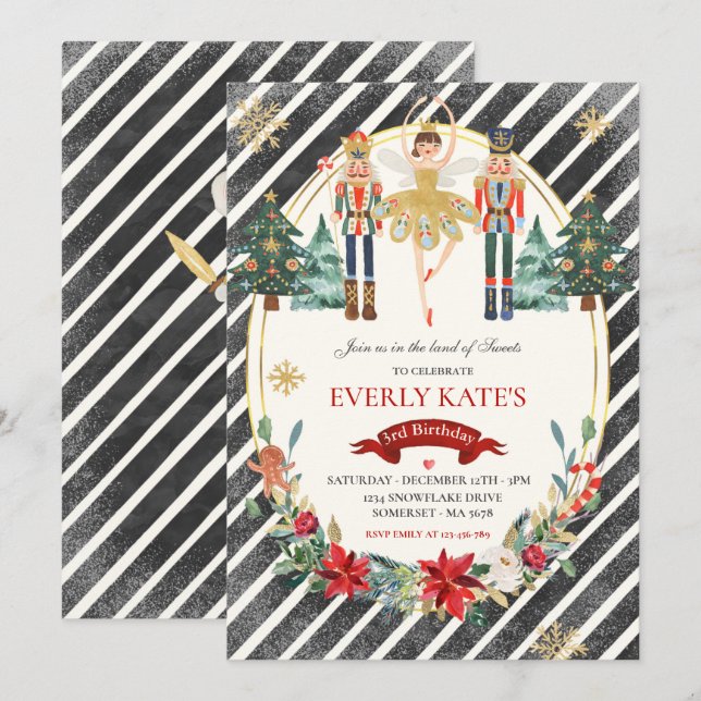 Red And Gold Nutcracker Birthday Sugar Plum Fairy Invitation (Front/Back)