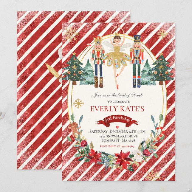 Red And Gold Nutcracker Birthday Sugar Plum Fairy Invitation (Front/Back)