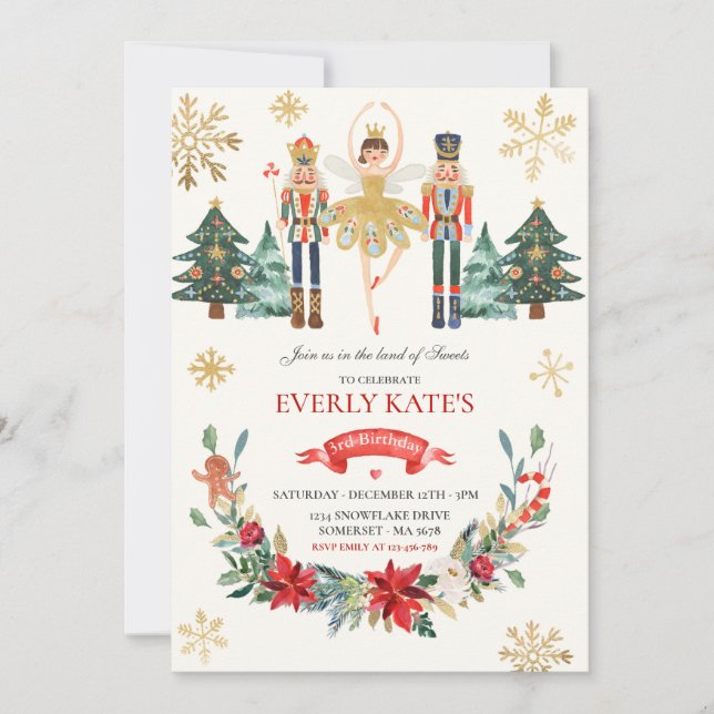 Red And Gold Nutcracker Birthday Sugar Plum Fairy Invitation (Front)