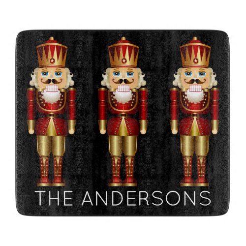 Red and Gold Nutcrackers on Black Personalize Cutt Cutting Board