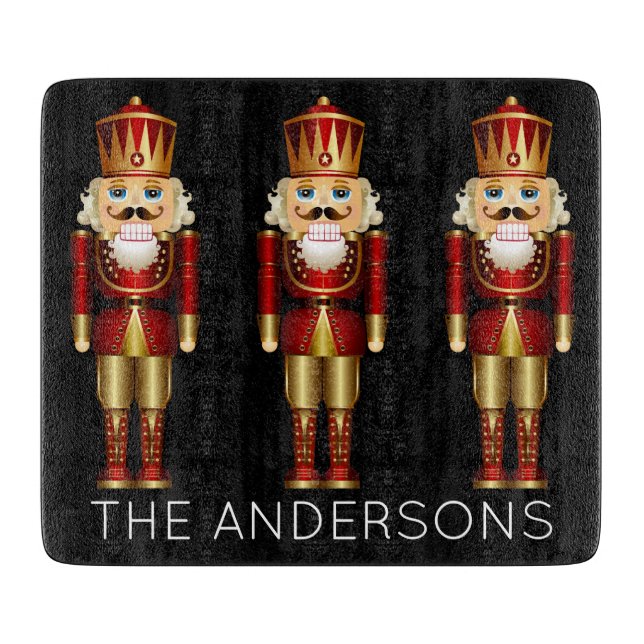 Red and Gold Nutcrackers on Black Personalize Cutt Cutting Board (Front)