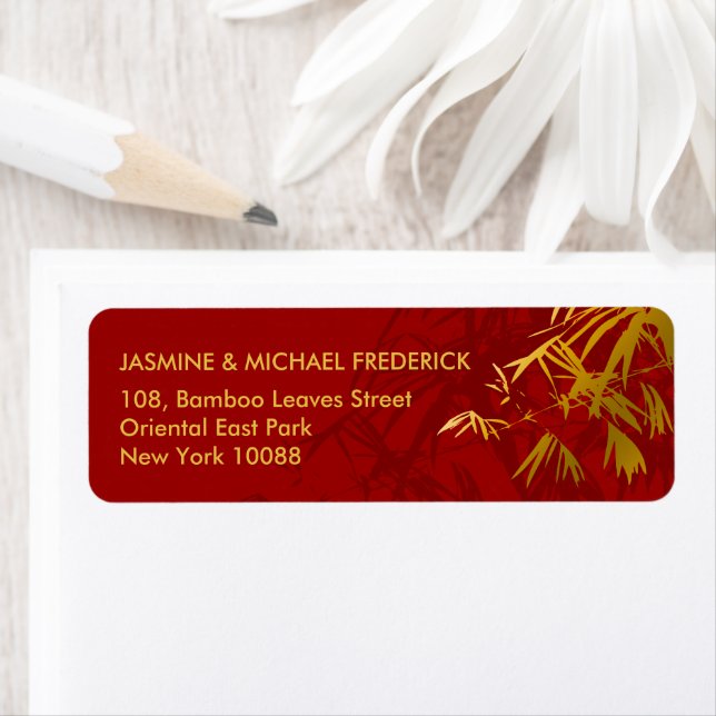Red And Gold Oriental Bamboo Leaves ReturnAddress Label (Insitu)